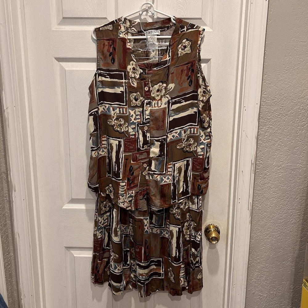 Timbuktu Station Vintage 2 Piece Set Rayon Abstract Floral‎ Skirt Top Brown Sz L